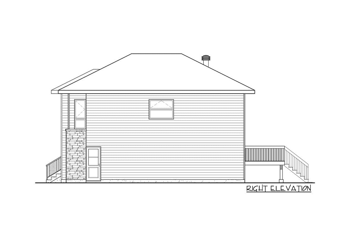 Right elevation drawing of a house plan showing vinyl siding, a stone-accented column, two windows, and a deck with stairs.