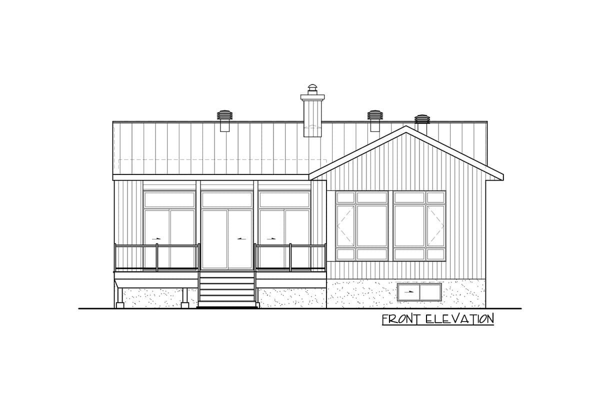 Front elevation drawing of a house plan featuring a porch, central chimney, and multiple windows.