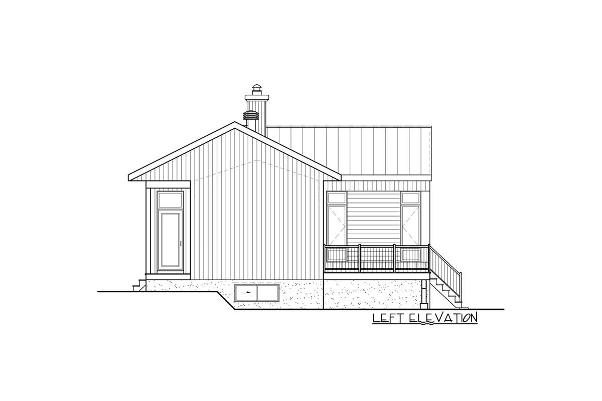 Left elevation house plan showing a one-story structure with a gabled roof, vertical siding, front door, chimney, and a deck with railings.