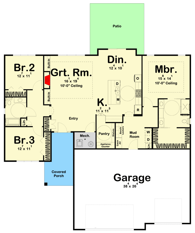 Plan 62376DJ: 3-Bed ADA-Compliant New American House Plan - Floor Plan - Main Level - Country, Craftsman, Modern Farmhouse, New American