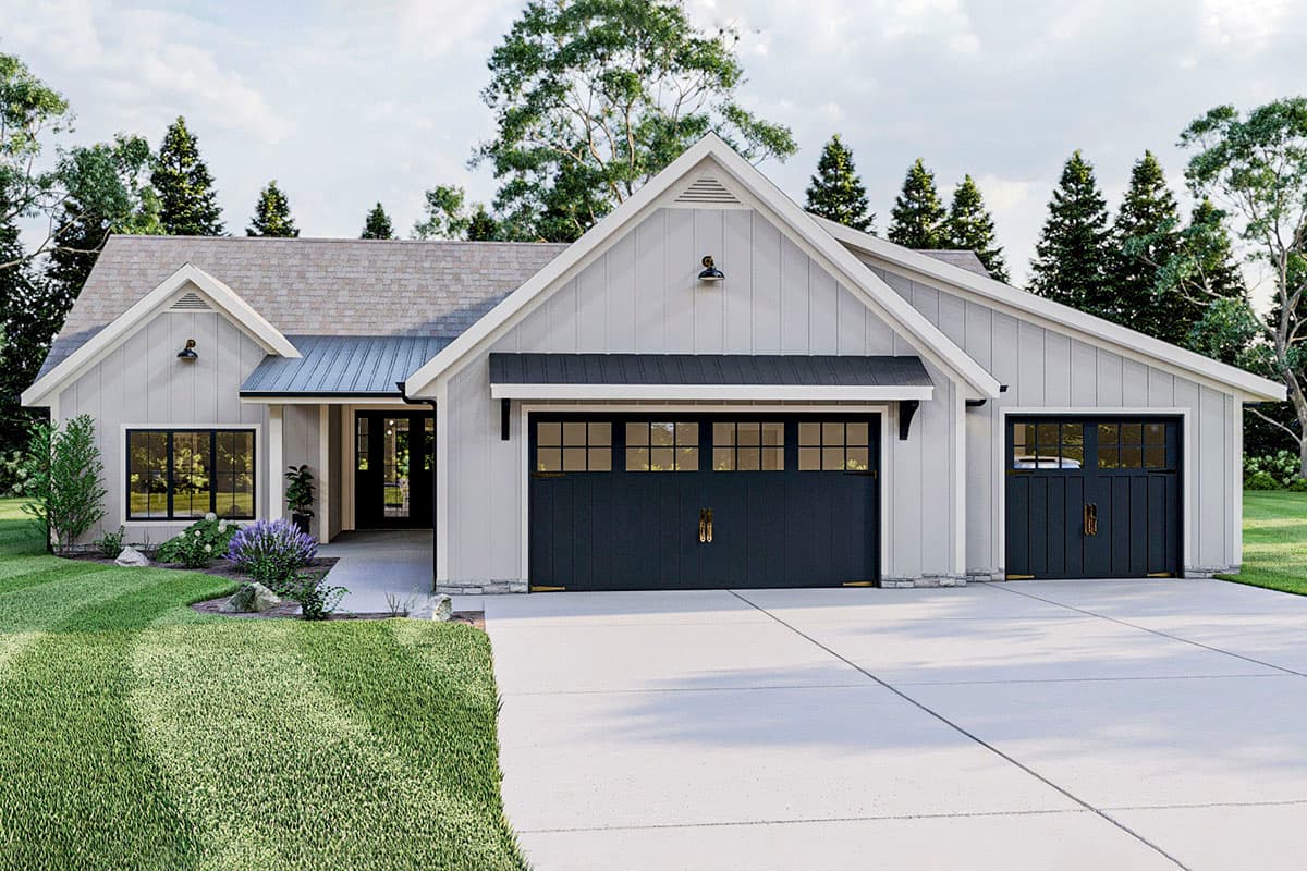 House plan exterior with board and batten siding, gable roof, and attached two-car garage. Features a covered entry and metal accent roof.
