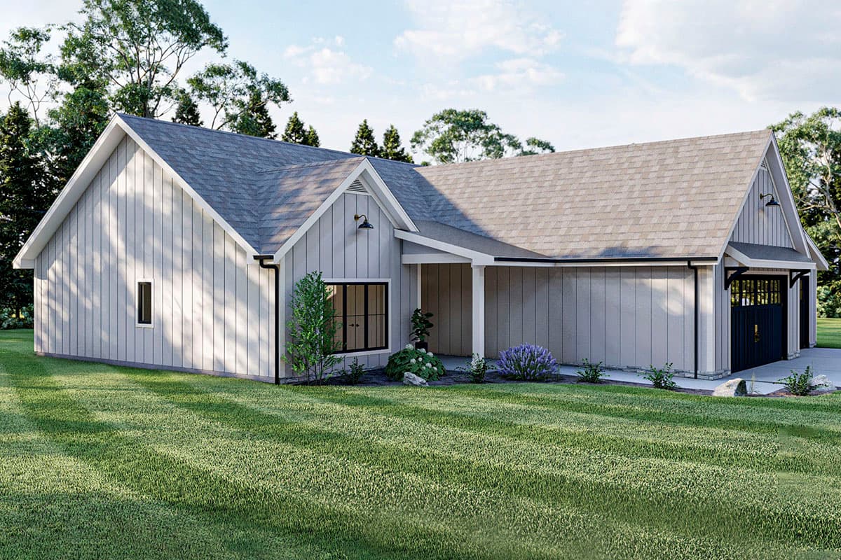 Modern Farmhouse house plan exterior with board-and-batten siding, gables, and a two-car garage.