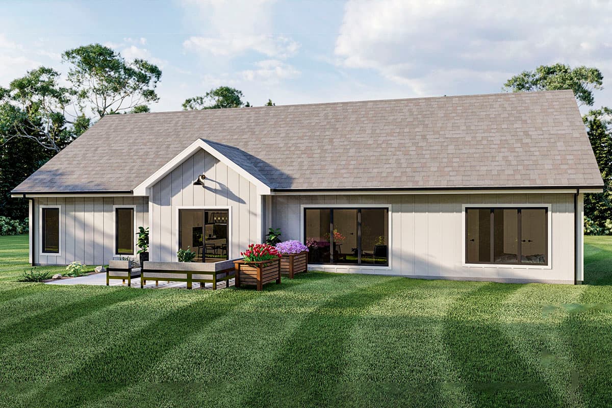 House plan exterior rendering of a one-story Modern Farmhouse with a prominent gable, sliding glass doors, and large windows.