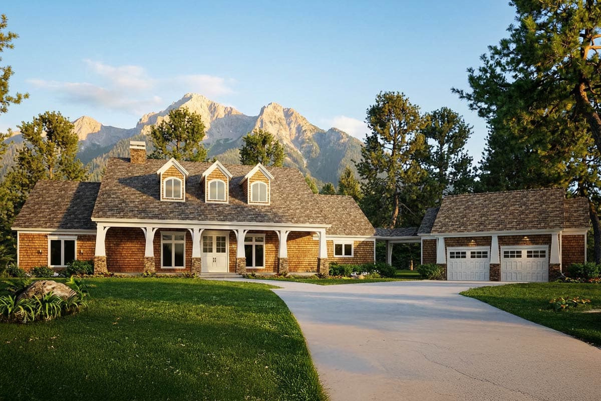 House plan exterior: Traditional style, one story with a covered front porch, dormer windows, and a detached two-car garage.