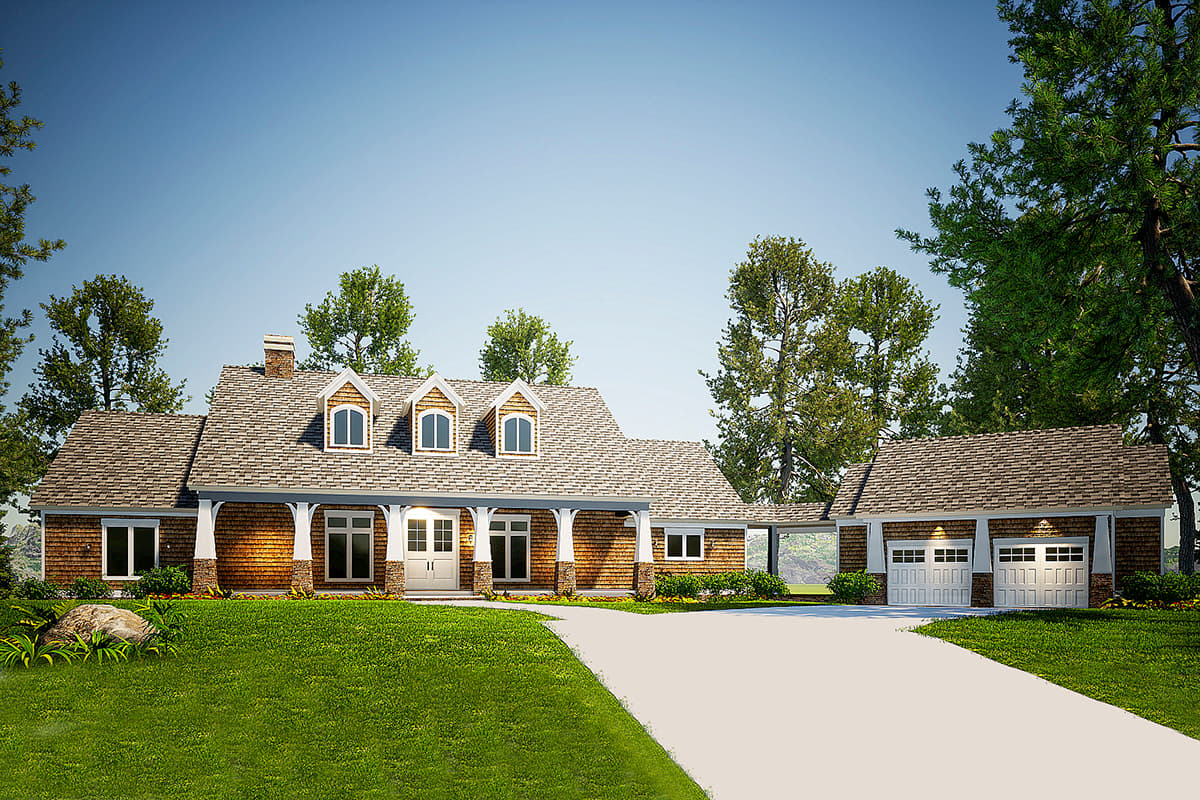 House plan exterior. Two-story, with dormers, a front porch with columns, and attached garage. Architectural style appears to be a farmhouse.