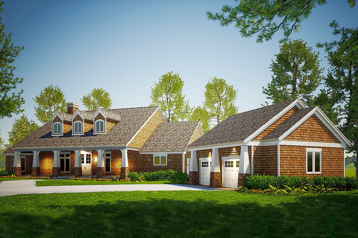 House plan exterior: Ranch style, one story, with a covered front porch, dormers, and a side-entry garage.