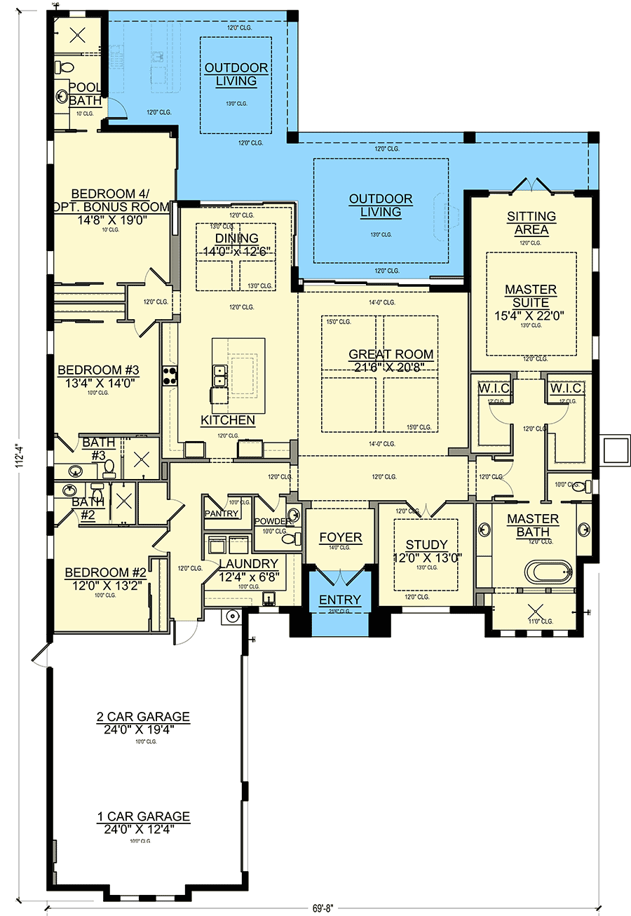 Plan 65671BS: 4-Bed Florida House Plan with Split Bedrooms and Large Outdoor Living Area - Floor Plan - Main Level - Coastal, European, Florida-Style, Mediterranean, Southern, Transitional