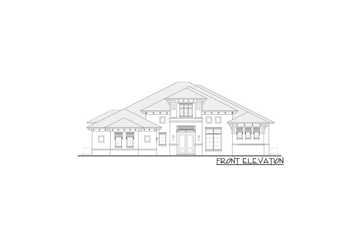 Front elevation drawing of a two-story house plan with hip roof, multiple gables, and large central entrance.
