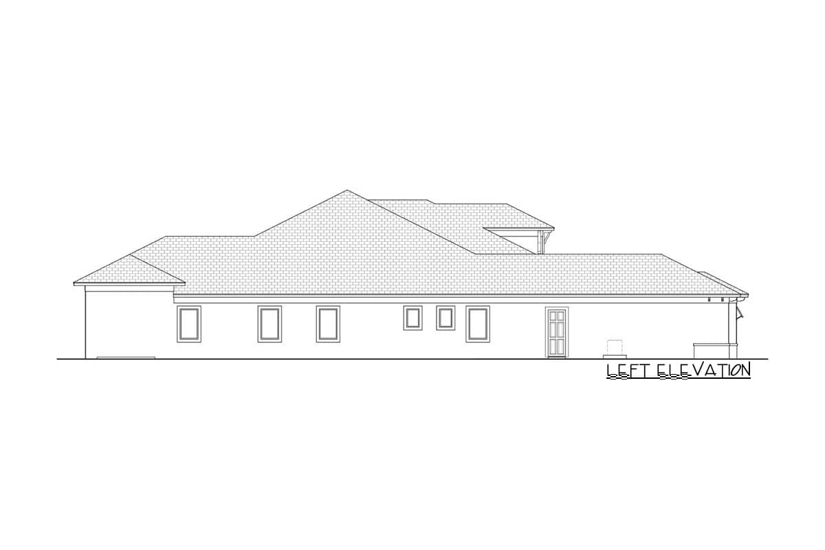 Left elevation house plan drawing showing a single-story home with a hip roof, multiple windows, and a double door.