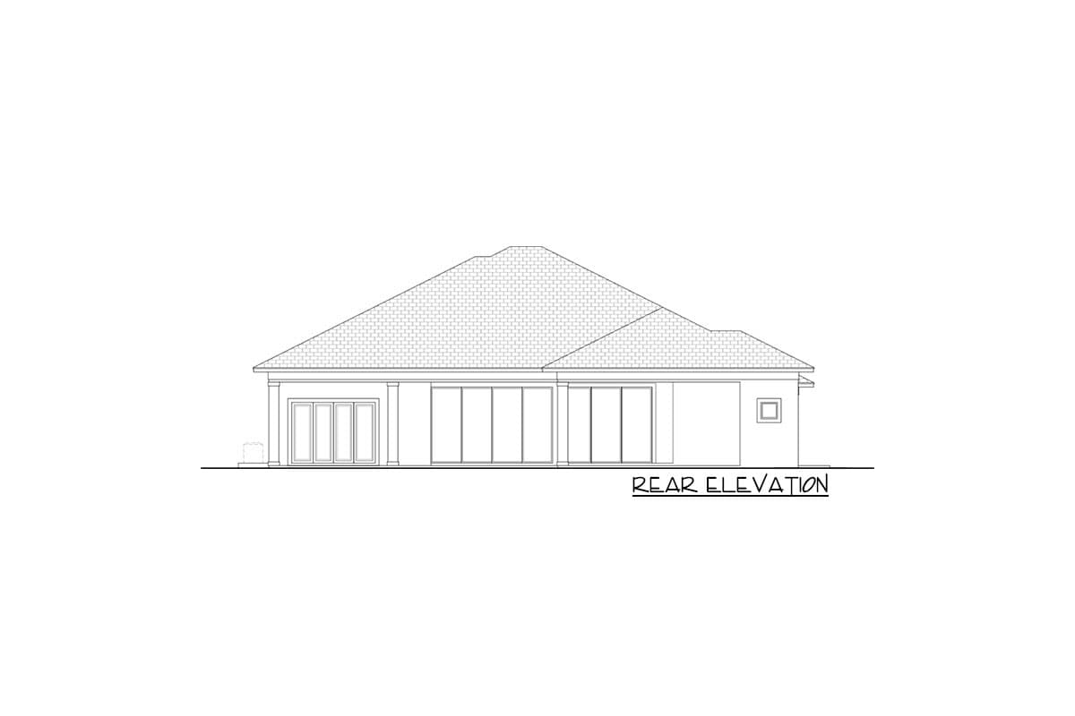 Rear elevation house plan showing a single-story home with a hip roof, folding glass doors, and large windows.