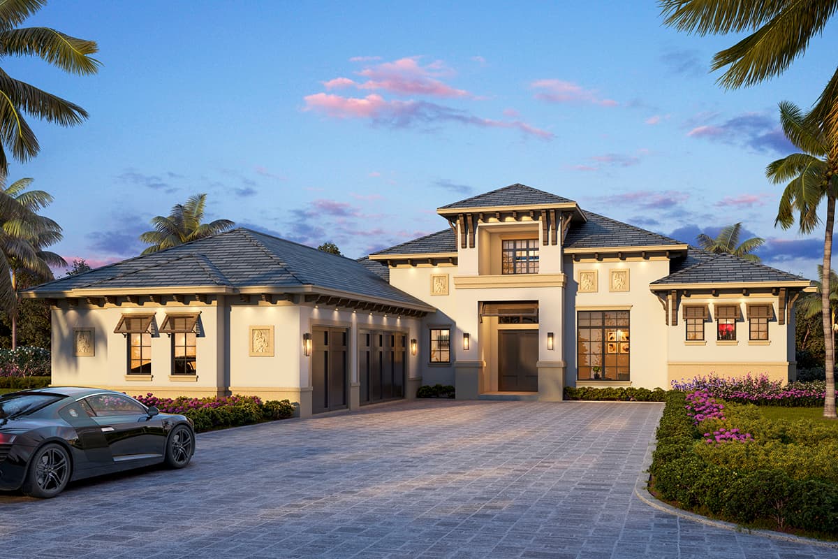 House plan exterior featuring a two-story design. Key features include a portico, decorative brackets, and a multi-car garage.