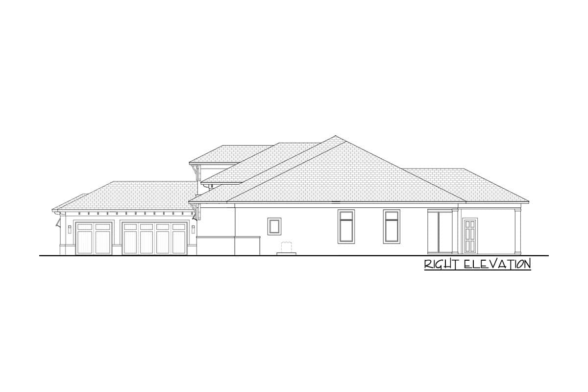 Right elevation drawing of a house plan showing a four-car garage, multiple gables, and a covered rear entry.