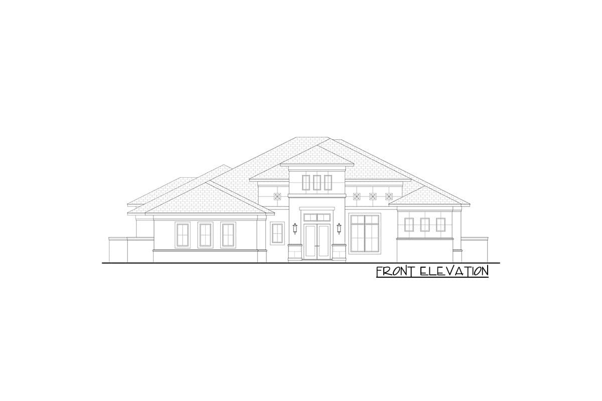 Front elevation drawing of a single-story house with a hip roof, central entrance, and multiple windows.