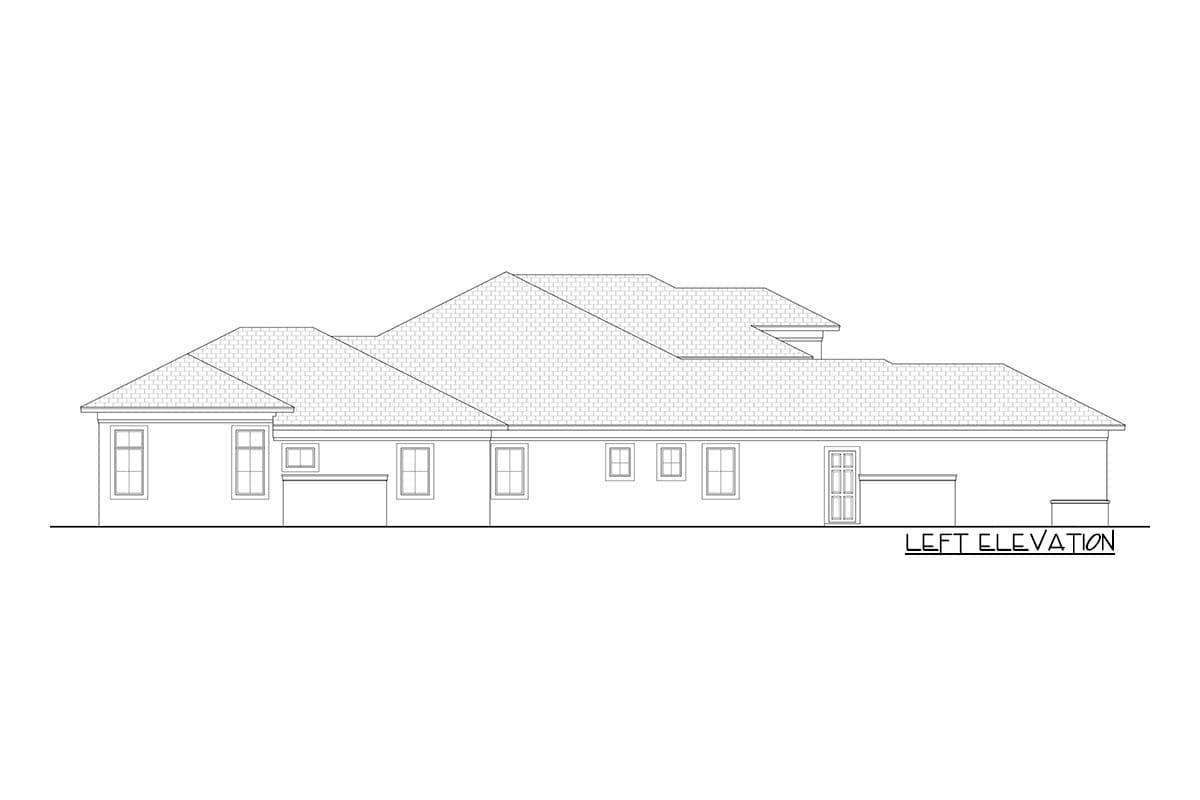 House plan left elevation showing a single-story home with multiple gables and a hip roof.