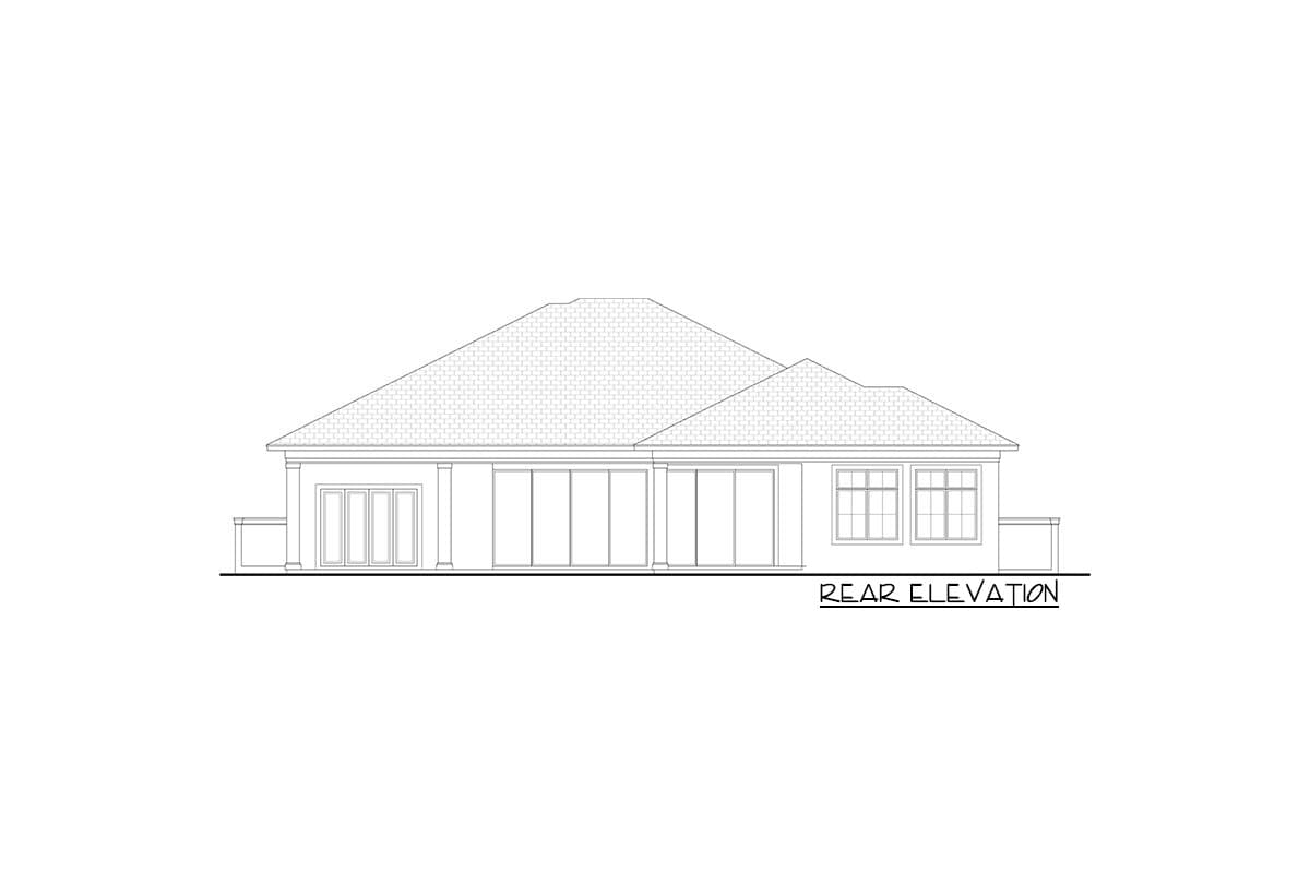 Rear elevation drawing of a single-story house plan featuring large sliding glass doors and multiple windows.