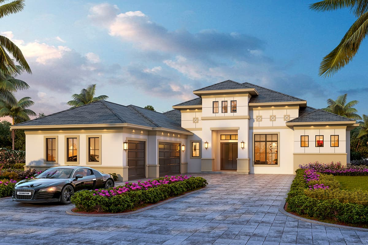 House plan exterior. Two-story home with a flat roof, three-car garage, and multiple windows. Features include a portico and a paver driveway.