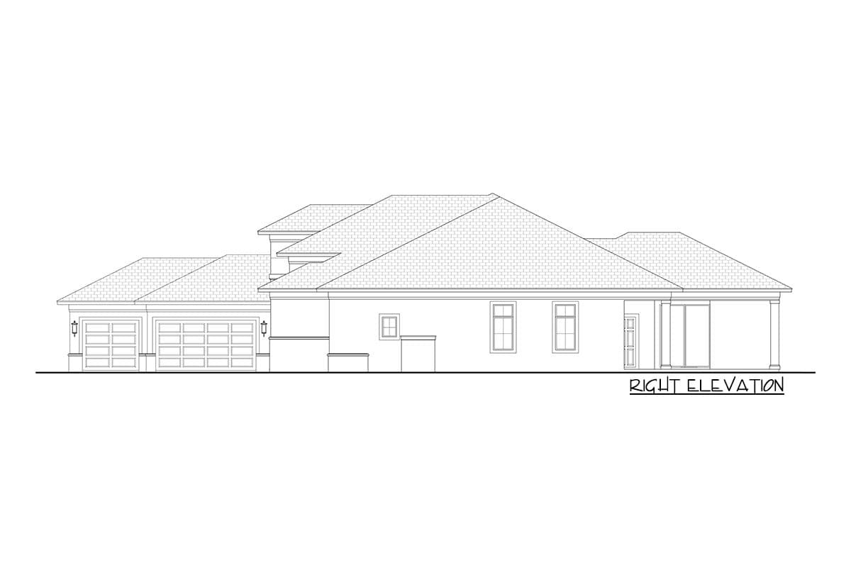 Right elevation house plan exterior showing a three-car garage, multiple gables, and a covered rear patio.