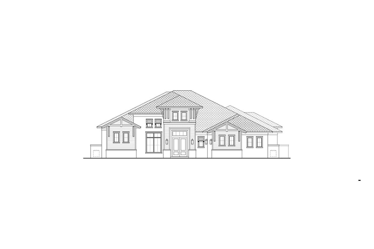 House plan exterior drawing of a one-story home with a hipped roof, wide eaves, prominent gable entry, and multiple windows.