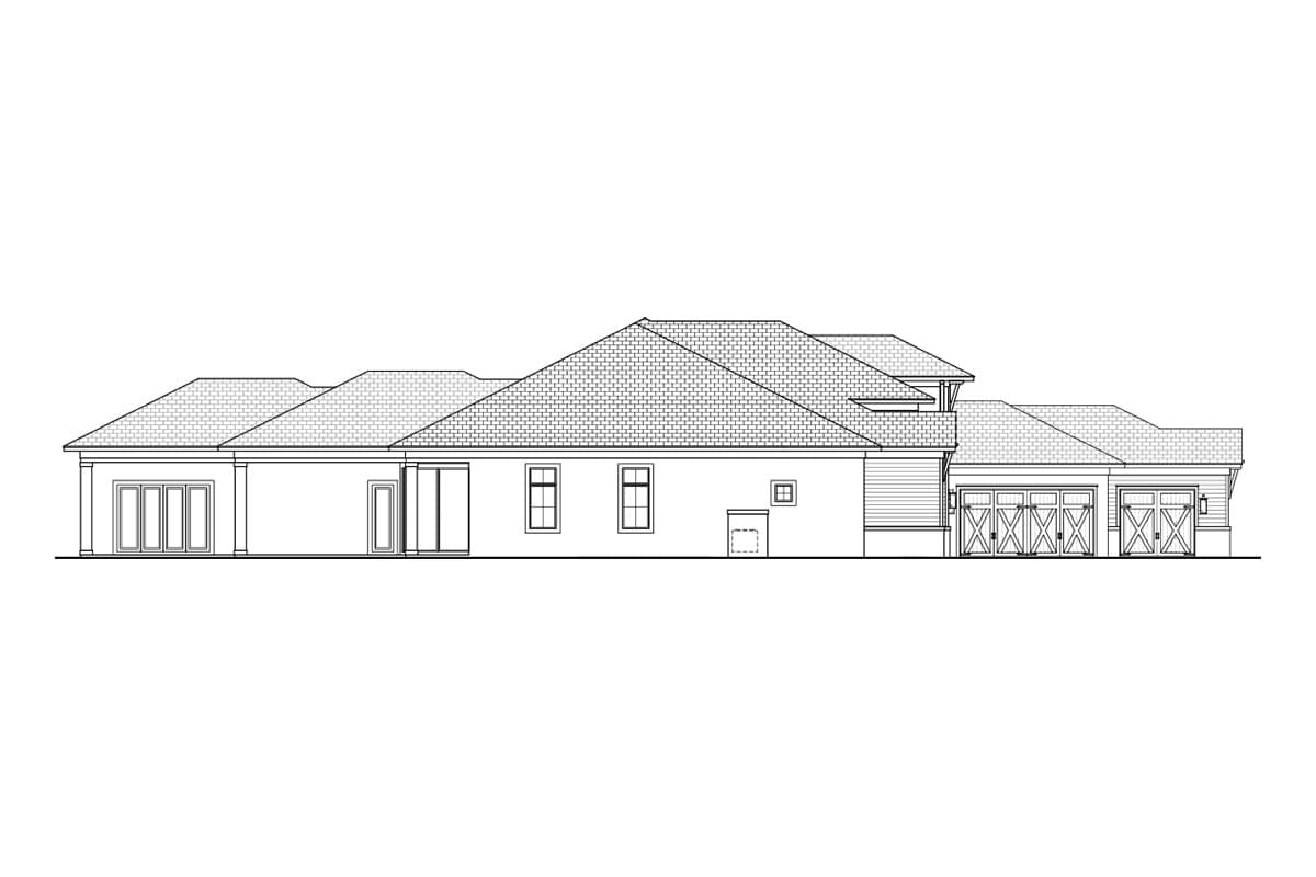 Side exterior house plan showing a single-story home with a four-car garage, multiple rooflines, and large sliding glass doors.