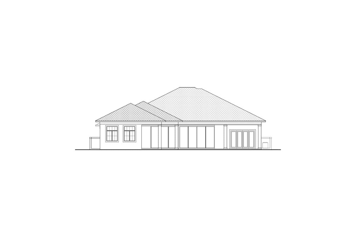 House plan exterior: single-story home with intersecting gables, numerous windows, and a folding door system.