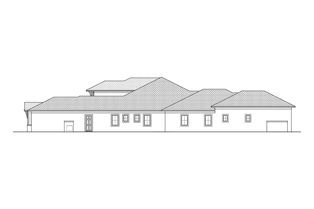 House plan side elevation with hip roof, numerous windows, a double door entry, and a single-car garage.