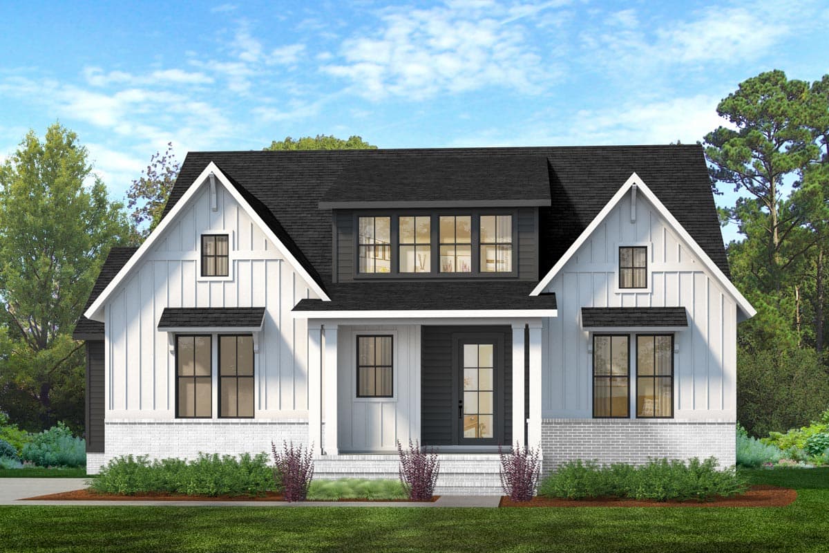 House plan exterior featuring a farmhouse style with gabled roof, two stories, dormers, and a covered porch. White board-and-batten siding.