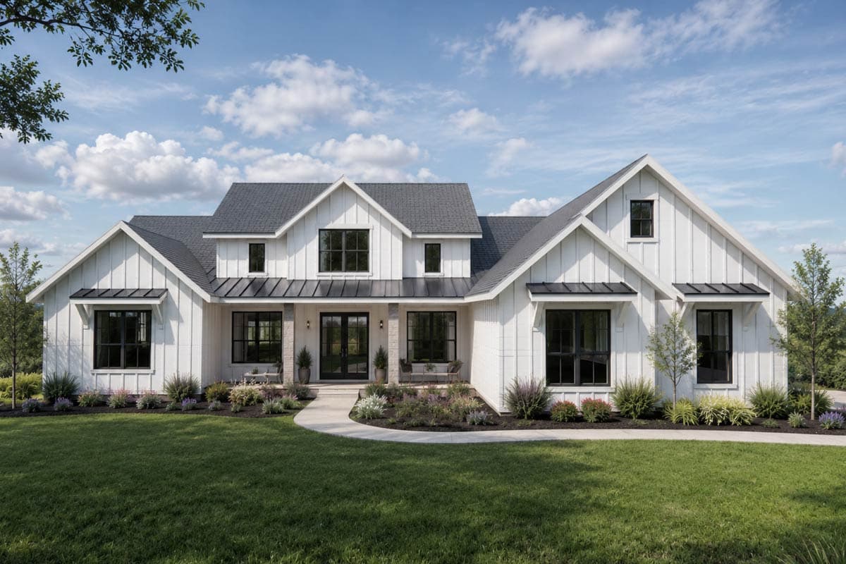 Plan 440015PWL: Open-Concept Modern Farmhouse Plan with Split Bedrooms - Image #1 - Country, Farmhouse, Modern Farmhouse, New American, Traditional