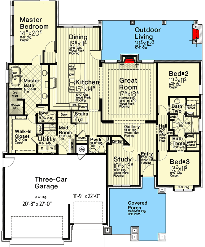 Plan 48616FM: Exclusive Craftsman House Plan with Split Bedrooms - Floor Plan - Main Level - Country, Craftsman, New American