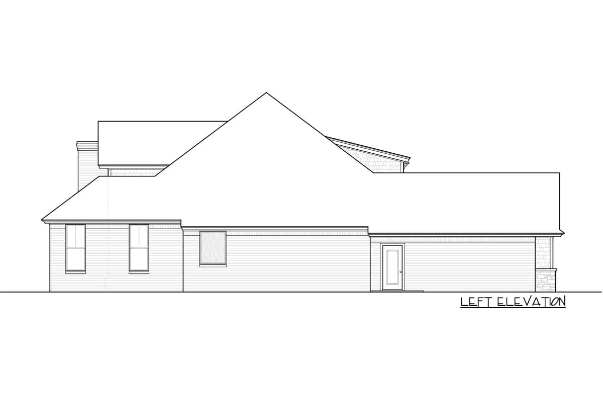 Left elevation house plan showing a single-story structure with a pitched roof, two windows, a door, and a chimney.
