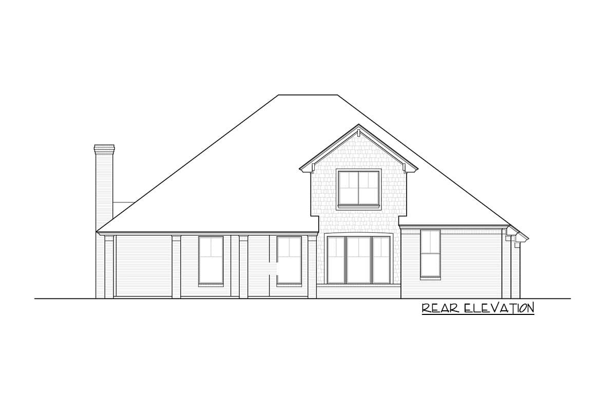 Rear elevation drawing of a house plan featuring a prominent gable dormer, a chimney, and a covered porch.
