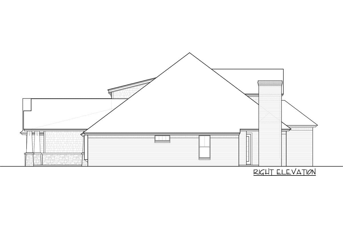 Right elevation house plan showing a large gable roof, brick chimney, covered porch with stone accents, and garage.