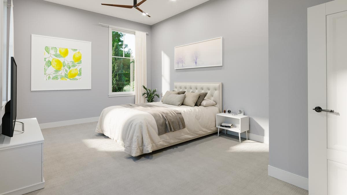 Bedroom interior rendering with queen bed, tufted headboard, dresser, and window.
