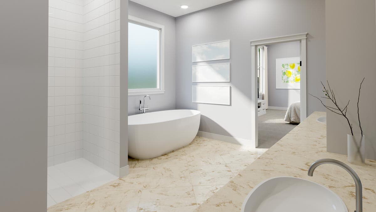 Bathroom rendering with freestanding tub, tiled shower, double vanity, and view into bedroom.