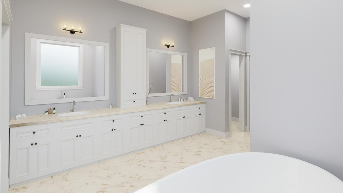 Modern bathroom with double vanity, tall linen cabinet, large mirrors, and glass-enclosed shower.