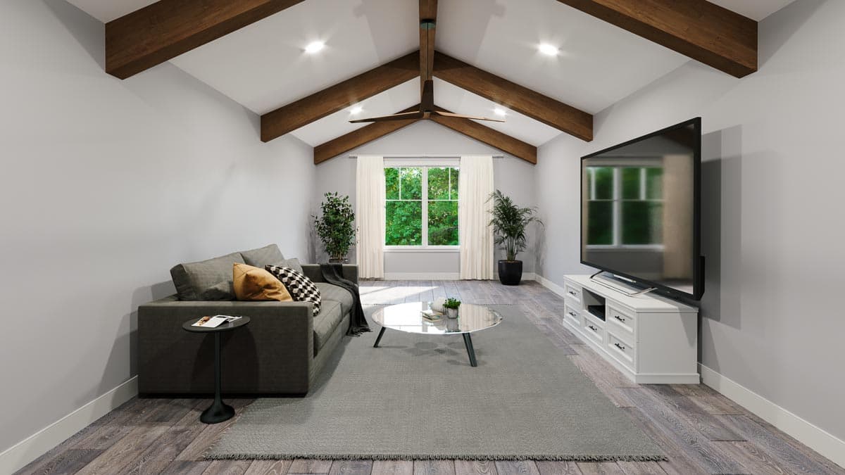 Living room rendering with vaulted ceiling, exposed wood beams, large window, gray sofa, coffee table, and media console.