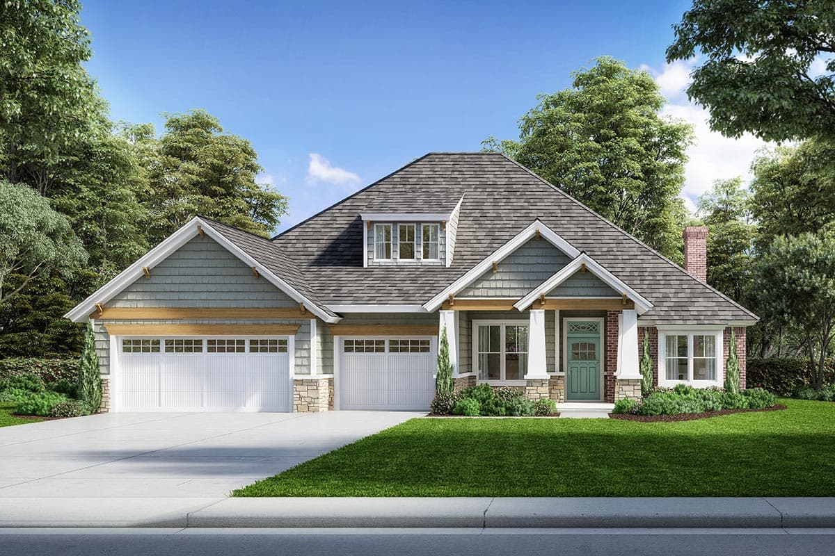 House plan exterior. Craftsman style, one-story home with gables, a covered porch, and a side-entry garage. Brick chimney visible.