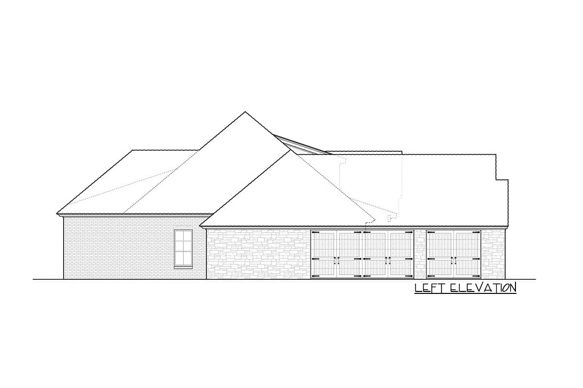Left elevation of a house plan showing brick and stone exterior walls, a multi-gabled roofline, and a five-door garage.