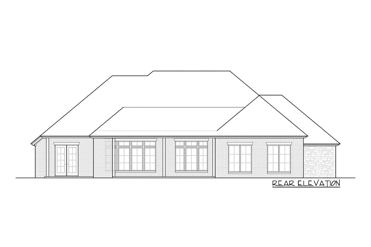 Rear elevation drawing of a house plan showing a brick facade with multiple windows and a hip roof.
