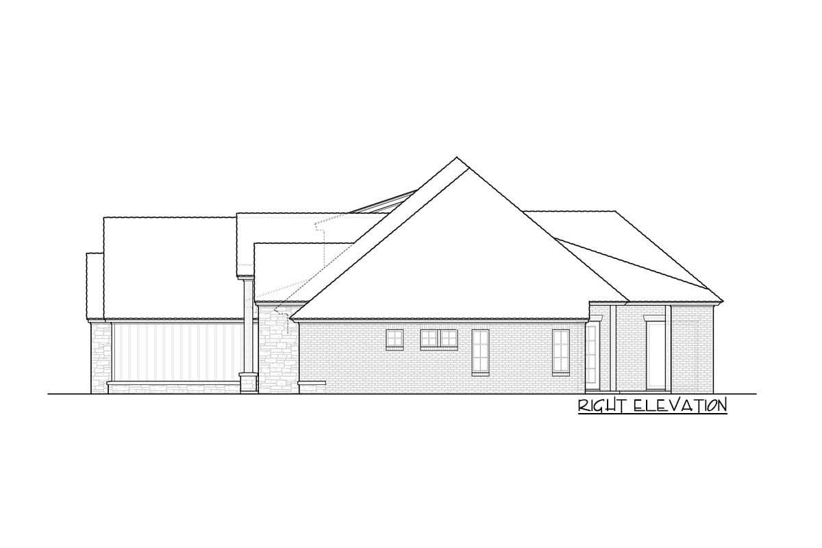Right elevation house plan drawing showing varied rooflines, brick and stone exterior, and garage entrance.