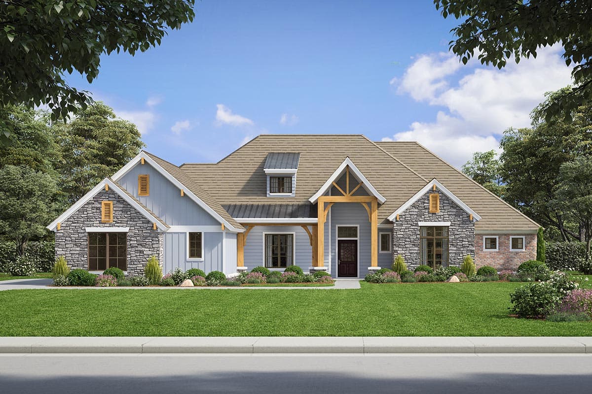 House plan exterior featuring a single-story design, a gable roof, stone accents, and an exposed timber porch.