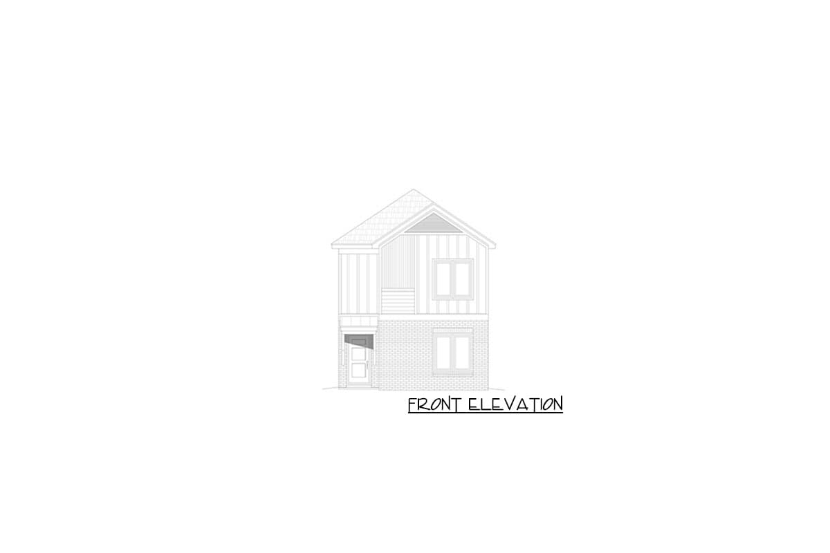 Front elevation drawing of a two-story house with brick lower level, siding upper level, gabled roof, and a prominent front entrance.