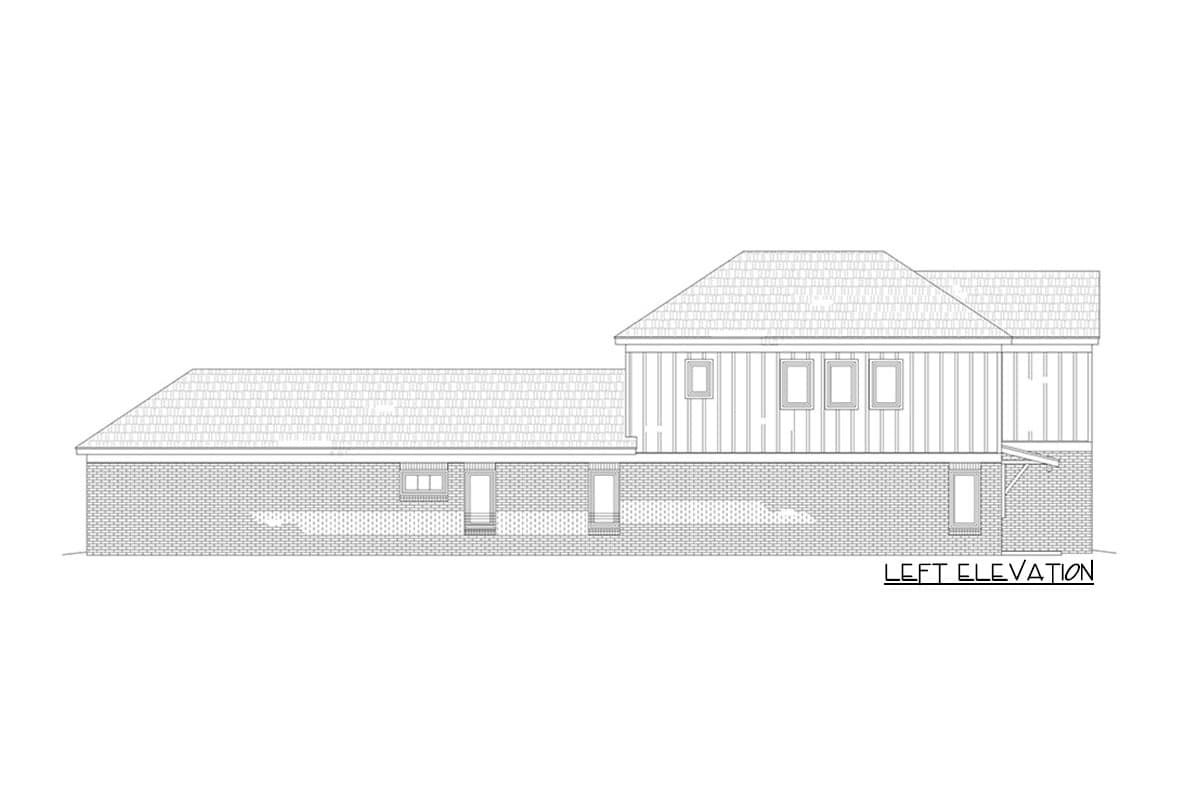 Left elevation drawing of a house plan with brick base, vertical siding on upper level, and varying rooflines.