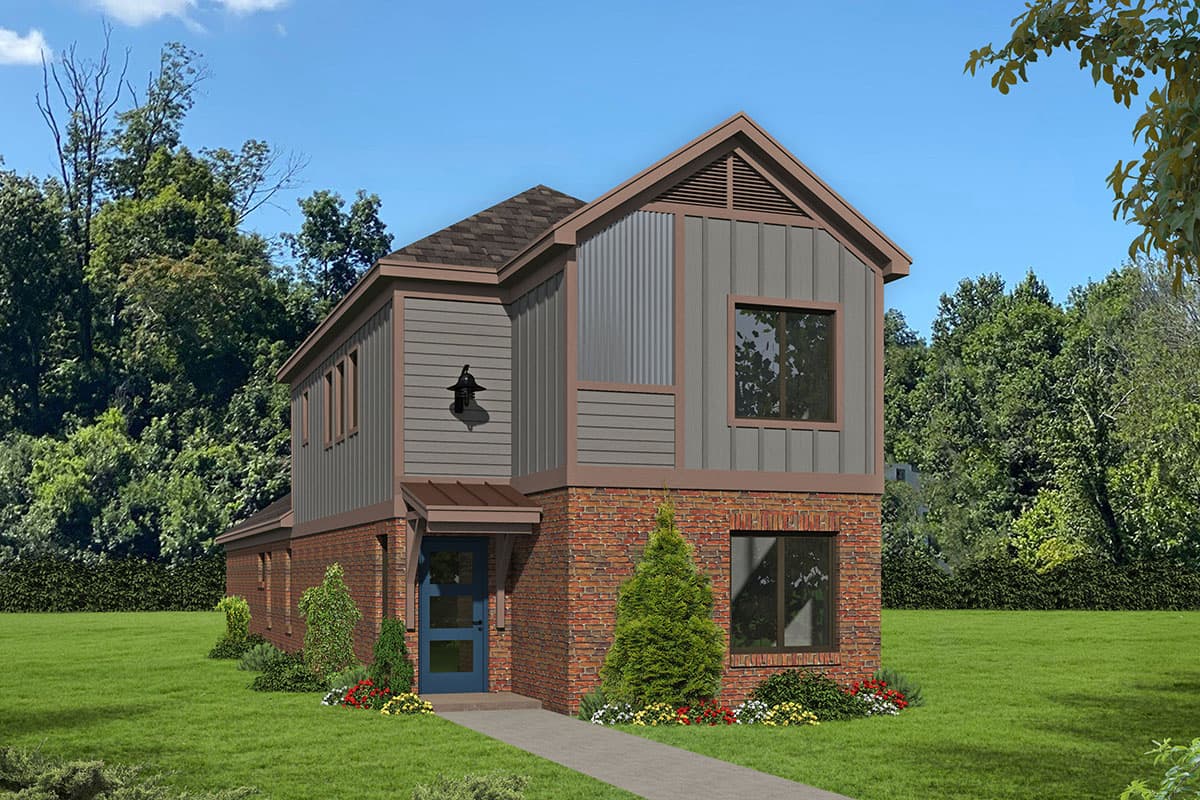 House plan exterior. Two-story house with brick base and siding. Features a gable roof, metal accent panel, and a covered entry porch.