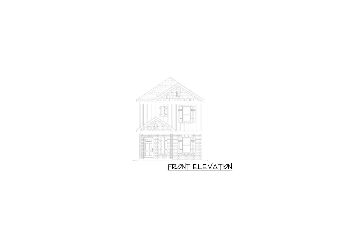 Front elevation drawing of a two-story house with brick ground floor, gables, and shutters.