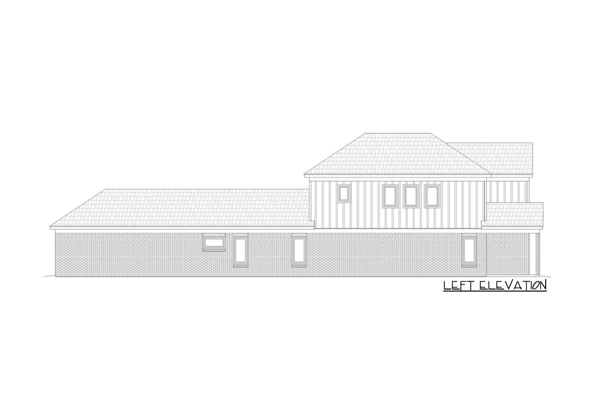 Left elevation drawing of a two-story house plan with brick lower level, vertical siding upper level, and gabled rooflines.