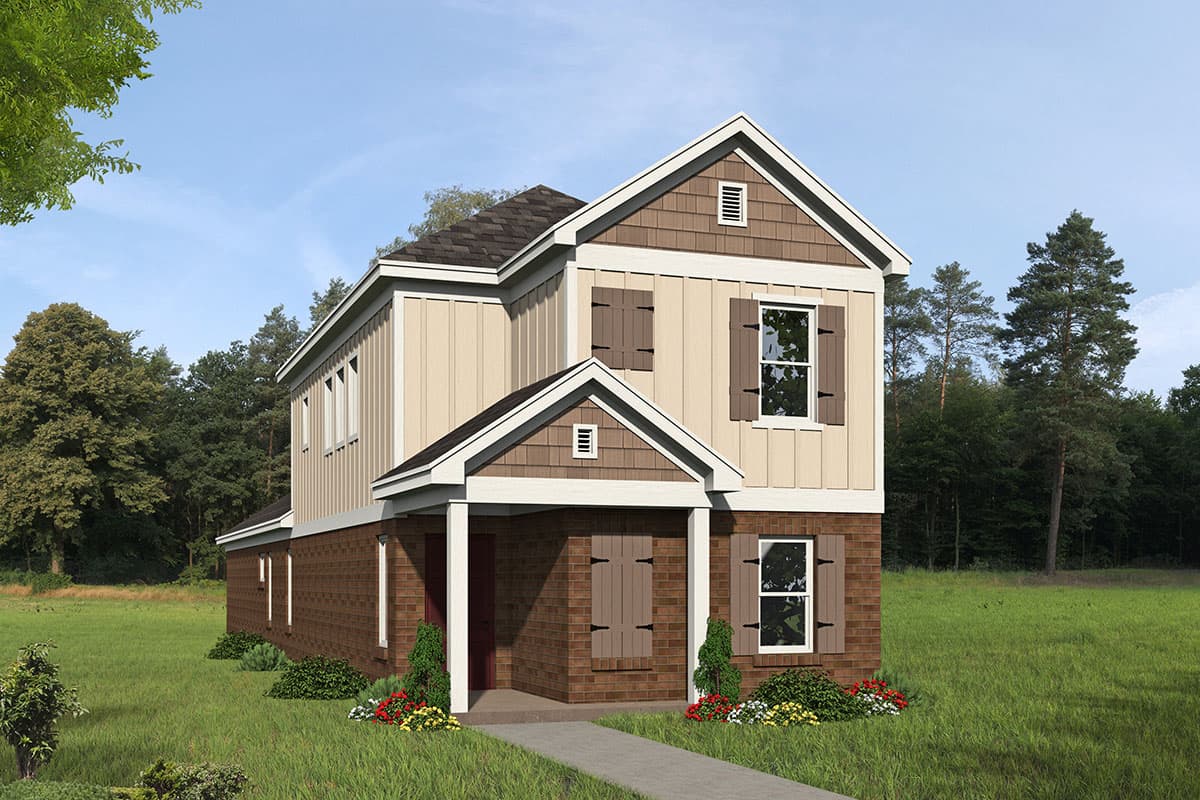 House plan exterior. Two-story home with a gabled roof, brick lower level, and a covered front porch. Features include board and batten siding.