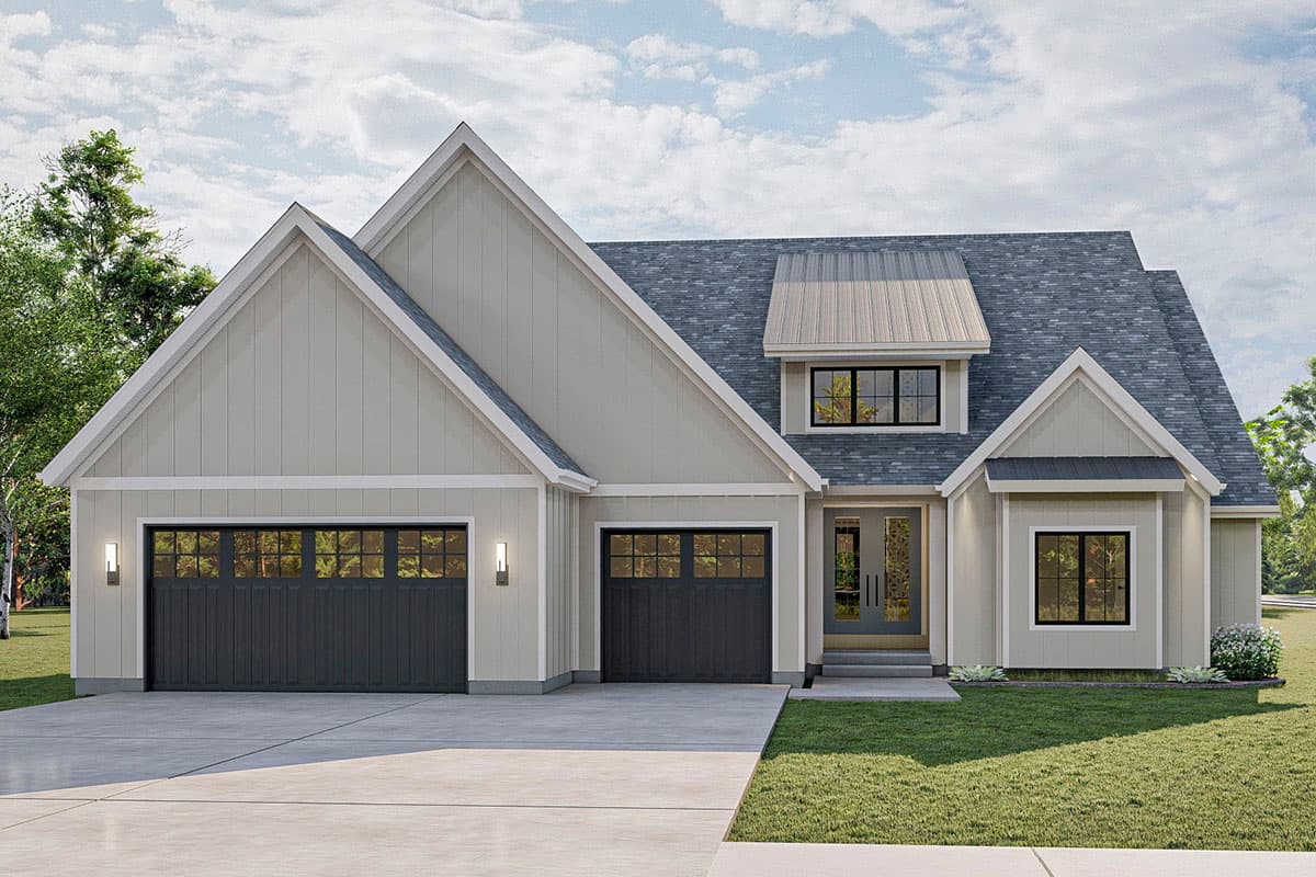 House plan exterior. Modern farmhouse style with gabled roof, two-car garage, and shed dormer above entry.