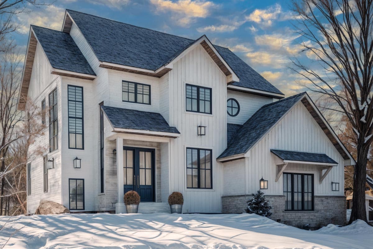 A modern, two-story white house with dark trim and a blue-gray roof. Snow covers the ground, with a winter sky background.