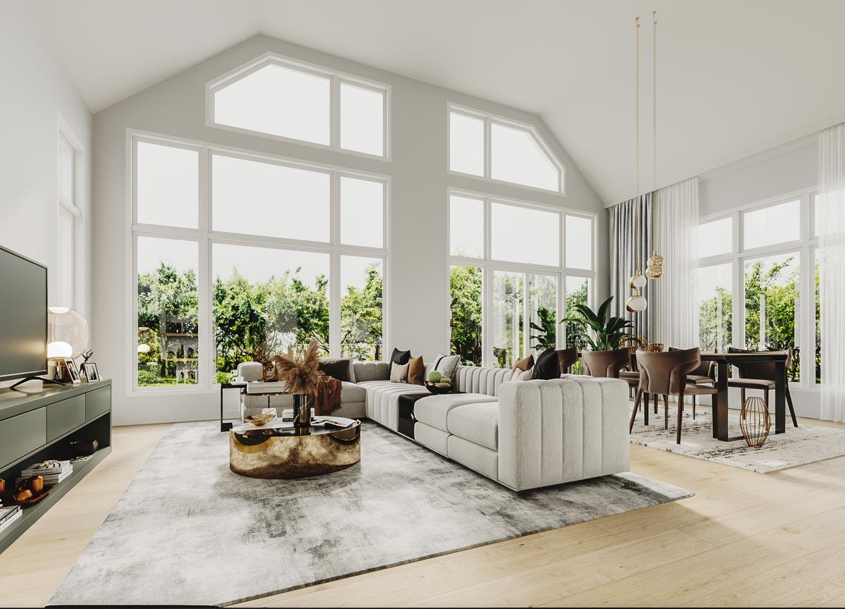 Interior rendering of a great room with vaulted ceiling, floor-to-ceiling windows, sectional sofa, and dining area.