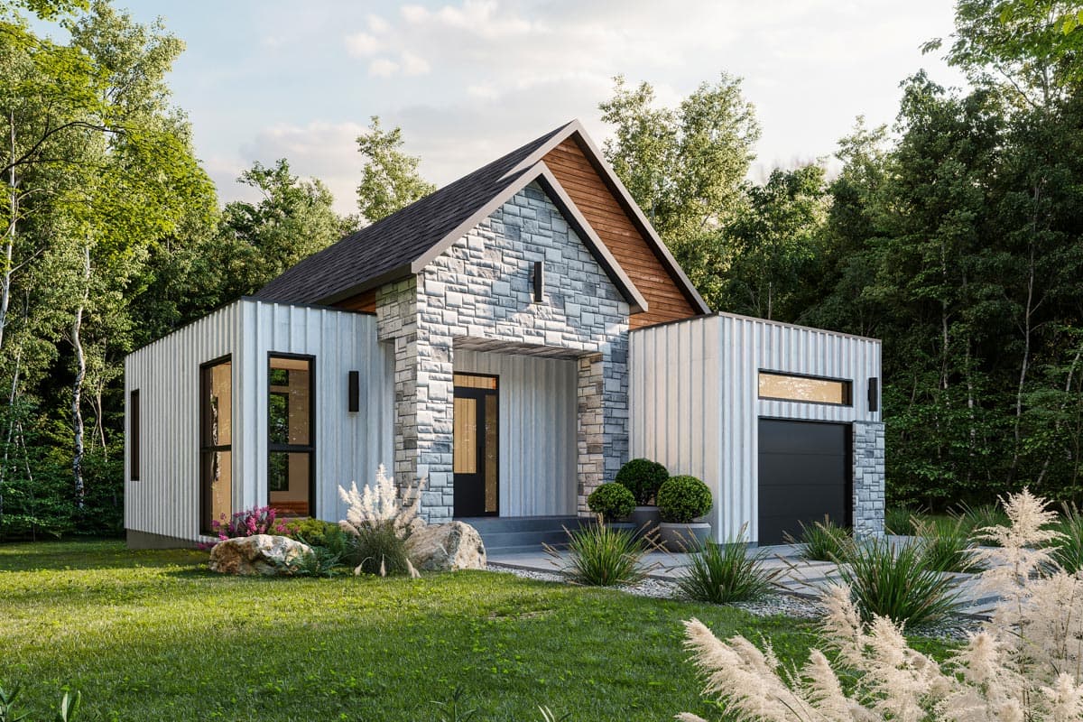 House plan exterior. One-story structure with a gable roof, stone facade, and attached garage. Includes a covered front entry and multiple windows.